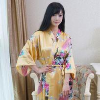 Women's Faux Silk Peacock Kimono Robe Pajamas with Tie One Size geltona