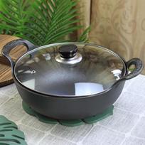 Sustiprintas ketaus dviejų rankenų troškintuvė: Neapsaugota maža keptuvė su nepridegančia danga Single pot + glass lid, 30cm Yuanbao pot