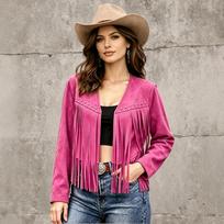 Moterims kutuota striukė atviras priekis su kniedėmis zomšinė trumpa vakarietiška karvaitės viršutinė dalis ilgomis rankovėmis kardiganas M pink