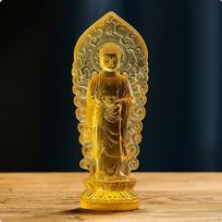 Standing Amitabha Buddha Figurine Tranquil Design Resin Statue with Backplate Oriental mėlyna