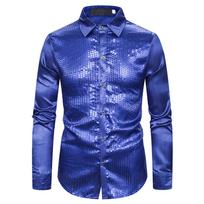 Men's Dress Shirt Sequins Button Down Long Sleeve 70s Disco Party Shirt Top for Halloween Cosplay S pink