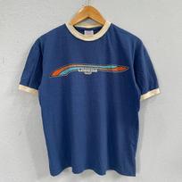 Vintage Y2K California Surf Ringer T Shirt - Blue & Cream Dog cigars Graphic Tee - Retro Big Wave Clothing Short Sleeve Size Medium L blue