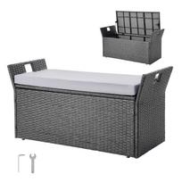 VEVOR Outdoor Storage Bench, 2-Person PE Rattan Storage Bench, 151L Deck Box with Cushion & Side Handle, Supports up to 181kg