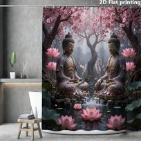 High Quality Zen Buddha Lotus Cherry Blossom Shower Curtain Waterproof Bathroom Decor Asian Spiritual Washroom Home Spa Liner 90x180cm35x71in gray