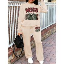 Women's Crewneck Sweatshirt & Drawstring Straight-Leg Pants 2-Piece Set, Printed Autumn/Winter Loungewear Set 5XL abrikosas