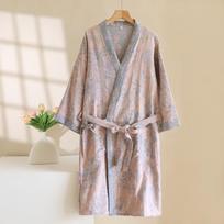 Women's Yarn-Dyed Cotton Kimono Robe - Long Sleeve Jacquard Nightgown for Spring, Summer, Autumn. L rožinė