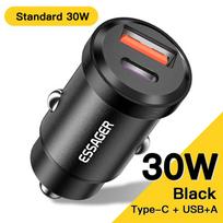 Essager 30W USB automobilinis įkroviklis Quick Charge4.0 QC PD 3.0 SCP 5A USB Type C automobilinis greitas įkrovimas, skirtas iPhone 14 13 Huawei Samsung Xiaomi A TO C juoda