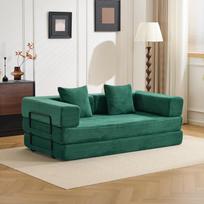 Suspaudžiama sofa, transformuojama į grindų sofą-lovą - su pagalvės atlošu, porankiais, Futono sofos miegamoji lova, Velveto audinys, Svetainė Miegamasis ,Tamsiai žalia 185 x 92.5 x 60 cm