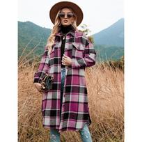 Temperament Slim-fit Long Windbreaker Lapel Pocket Plaid Woolen Coat XL ryškiai rožinė