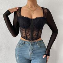 Nėrinė Korsetas Bralette Viršutinė dalis Ilgomis Rankovėmis Seksualus Siuvinėjimas Bustier Vamzdelis Juosmens Korektorius Moteriškas Korseto Viršutinė dalis Moterims M juoda