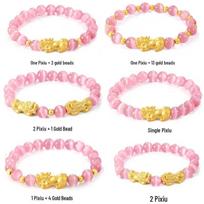 Vietnam Gold-Plated Pixiu Bracelet with Pink Cat's Eye Beads 1 Pixiu (8mm Pink Cat's Eye Beads) white