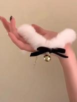 Elegant White Plush Choker with Bow & Bell - Women's Winter Necklace beige