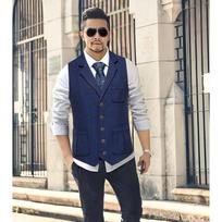 Men's Navy Blue Herringbone Tweed Suit Vest Vintage Notch Lapel Waistcoat for Business & Wedding XXL tamsiai mėlyna spalva