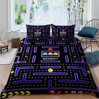 Pac-Man vaikams skirtas edukacinis žaidimų rašto patalynės komplektas—kurį sudaro antklodės užvalkalas ir du pagalvių užvalkalai—yra puiki šventė 135x200cm