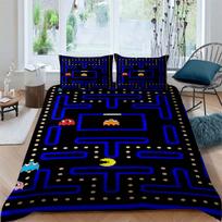 Pac-Man vaikams skirtas edukacinis žaidimų rašto patalynės komplektas—kurį sudaro antklodės užvalkalas ir du pagalvių užvalkalai—yra puiki šventė 135x200cm