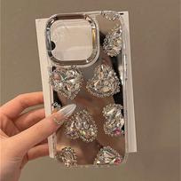 Mirror Love Phone Case For iPhone 16 15 14 13 12 11 Pro Max Fashion Rhinestone Phone Case For iPhone 16 Pro gray