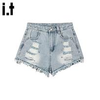 CHOCOOLATEit Women's Distressed Raw Hem Wide-Leg Denim Shorts XS šviesiai mėlyna spalva