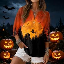 Women Casual V Neck Button Three Quarter Sleeve T Shirt Linen Blend Halloween Print Top Lightweight Comfortable Fit XXL oranžinė