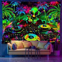 Trippy Alien DJ Blacklight Tapestry UV Reactive Psychedelic Neon Wall Hanging 2D Flat Printing Peach Skin Bedroom Decor 150x130 150x100 green