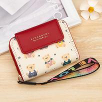 Women RFID Blocking Wallet Cute Bear Print Credit Card Holder Multi Card Organizer Zipper Coin Purse Short Wallet with Wrist Strap black