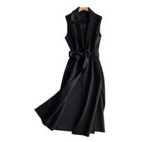 Women Vest Turn-down Collar Sleeveless Cardigan Open Stitch Tight Waist Keep Warm Belt Loose Thick Lady Winter Waistcoat for Dating XL black