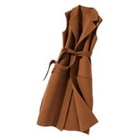 Women Vest Turn-down Collar Sleeveless Cardigan Open Stitch Tight Waist Keep Warm Belt Loose Thick Lady Winter Waistcoat for Dating M black