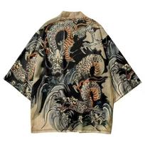 Japoniško stiliaus Kimono apsiaustas, Kinų drakono megztinis, Taoistų chalatas, Plunksnomis austas laisvas trijų ketvirčių rankovių, 3D skaitmeninė spauda L black