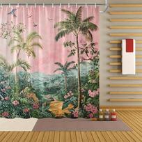 1 Vintažinė botaninė palmių ir hibiskų dušo užuolaida, pastelinių spalvų ir paukščių, 12 kabliukų, 70x70 colių 150x180cm gray