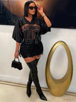 Autumn Sexy Lace Stitch Print Casual See-through Short Sleeve Tee XXL black