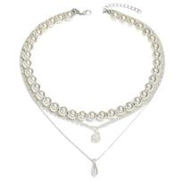 Layered Drop Pendant Necklace Women's Beaded Choker Boho Statement Jewelry Gift white