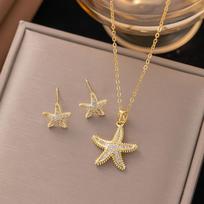 Trendy Gold Plated Zircon Crystal Pendant Stainless Steel Necklace Earring For Women Clavicle Chain Jewelry Lady Accessories brown