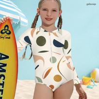 Girls Cream White High Neck Long Sleeve Front Zip Floral Printed One Piece Swimsuit 130 beige