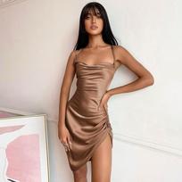 Sexy Dress .Spice Girl Party Style Twist Split Satin Sling V-Neck Evening Dress Women's Strap Open Back Split Mid length XXXL kava