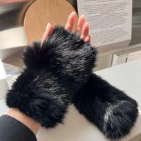Žieminės tikro triušio kailio pirštinės Mielos pliušinės Storas pliušas Šiltos puspirštinės Elastingos Moterims One Size juoda