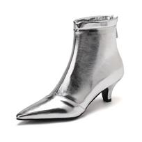 Nauji auksinės sidabrinės stiletos ankle boots PU oda moteriški smailus pirštas žemas kulnas trumpi batai seksualūs moteriški batai su užtrauktuku Feminim32-46 33 sidabras