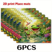 2/4/6pcs Forest Paradise Placemats - Vibrant Frogs & Birds 2D Print Design, 11.8x17.7 Inch Polyester Table Mats for Farmhouse Kitchen & Dining Decor, 6PCS beige