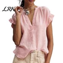 Women Blouse Shirt, V Neck Ruffled Stitching Short Sleeve Tops, Pure Casual Color Loose Fit Pullover Tops for Daily Wear M gray