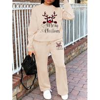 Women's Crewneck Sweatshirt & Drawstring Straight-Leg Pants 2-Piece Set, Printed Lounge Set, Fall/Winter Women's Sweatsuit 5XL abrikosas