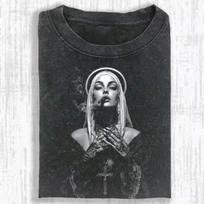 Vintage Washed Nun Shirt, Black White Halo Tee, Moody Occult Graphic Shirt Summer Men's and Women's Washed T-shirt Top 130 gray