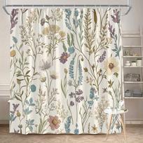 Vintažinė gėlių dušo užuolaida 180x180cm – Ramunės, Cosmos, Levandos mėlynos, violetinės, rožinės spalvos, smėlio spalvos botaninis vonios kambario dekoras, 12 kabliukų W60H190(CM)-1 Pcs gray