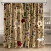 Vintažinė gėlių dušo užuolaida 180x180cm – Ramunės, Cosmos, Levandos mėlynos, violetinės, rožinės spalvos, smėlio spalvos botaninis vonios kambario dekoras, 12 kabliukų W180H190(CM)-1 Pcs