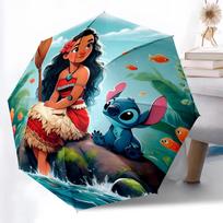 1pc Sturdy 8-Bone Auto Umbrella, Moana And Stitch Ocean Pastel Floral Umbrella, Digital Printed, Foldable Umbrella for On-the-Go Outdoor Use