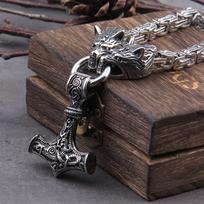 Nerūdijančio plieno vikingų vilko galvos karoliai Norse Thoro plaktuko pakabukas Nesenstantis vyriškas vikingų karaliaus grandinėlės amuletis 60cm gray