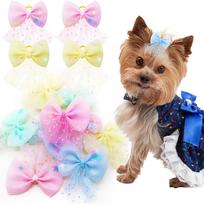 10PCS Puppy Bows With Rubber Bands Lace Dog Bows Handmade Pet Hair Accessories For Dogs and Cats Bowknots Pet Dogs Supplies beige