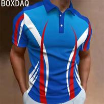 Fashion Men Polo Shirt Summer Big Size Men's Casual Short Sleeve Lapel Golf Wear Sport Polos 3D Striped Geometric Printed Polos 6XL blue