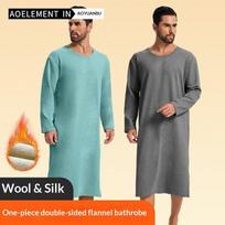 Men's Long Sleeve Knee-Length Sleep Dress - Double-Sided Brushed Fleece Long Robe, All-in-One Homewear with Wool & Silk Blend XL