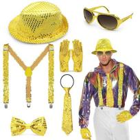 5/6/7Pcs80s 90s Stage Outfits Dance Star Costume,Sequins Gloves,Necktie,Hat,Sunglasses for Halloween Cosplay Party yellow