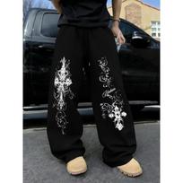 Men's Retro Cross‑Pattern Print Wide‑Leg Casual Trousers L juoda