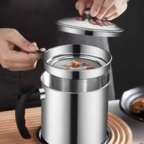 1pc Stainless Steel Grease Strainer and Oil Storage Container | 1.4L Durable Leak-Proof Design with Fine Mesh Filter, Easy-to-Clean Lid gray