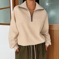 Women's Casual Loose Fashion Solid Color Long-sleeved Zipper Pullover Lapel Sweatshirt XL geltona